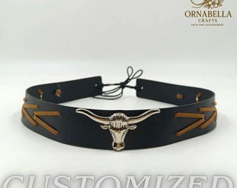 Cowboy Hat Band: Bull Head Buckle and Conchos - Adjustable Leather