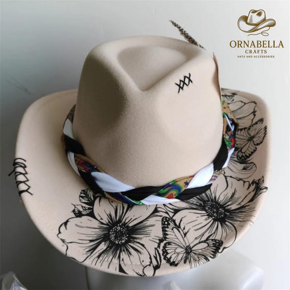 Black Felt Western Cowboy Hat Floral Print Braided Band Feather Boho NWT Tan Felt Western Cowboy Hat Floral Print Braided Band  main image 3