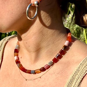 Earthy Gemstone Beaded Necklace – Chunky Cylinder Beads in Warm Tones, Handmade Boho Jewelry