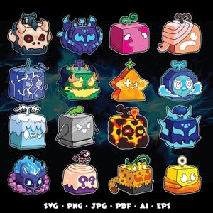 May include: A collection of sixteen colorful, cartoon-style illustrations of cube-shaped characters with various designs. Each character has unique features, including different colors, facial expressions, and decorative elements. The image includes file type information: SVG, PNG, JPG, PDF, AI, EPS.