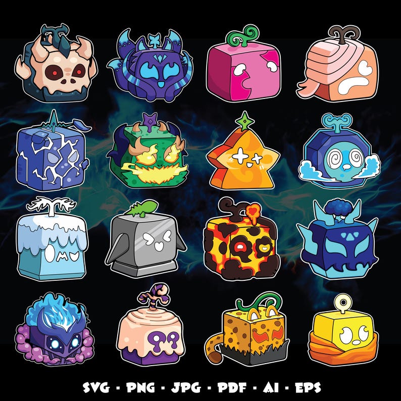 May include: A collection of sixteen colorful, cartoon-style illustrations of cube-shaped characters with various designs. Each character has unique features, including different colors, facial expressions, and decorative elements. The image includes file type information: SVG, PNG, JPG, PDF, AI, EPS.
