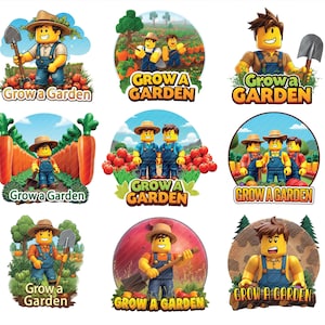 May include: Nine vibrant illustrations showcasing cartoon farmers with shovels and the text "Grow a Garden." The images present diverse garden scenes with vegetables and fruits, all within circular frames.