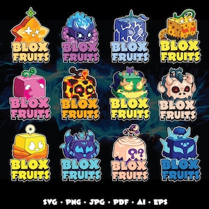 May include: A collection of twelve colorful cartoon graphics featuring cube-shaped characters with various designs and the text "BLOX FRUITS" in a yellow and white font. The bottom of the image displays file type options: SVG, PNG, JPG, PDF, AI, and EPS.