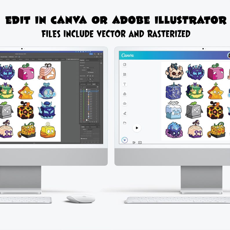 May include: Two computer monitors displaying digital art and design software. The left monitor shows a design interface, while the right displays a Canva interface. The text at the top reads: "EDIT IN CANVA OR ADOBE ILLUSTRATOR FILES INCLUDE VECTOR AND RASTERIZED."