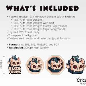 May include: Image showcasing digital designs for Minecraft and Fruits icons. The text "WHAT'S INCLUDED" is at the top. The image includes various design formats, including AI, EPS, SVG, PNG, JPG, and PDF, with a resolution of 3000px. The designs are Cricut ready.