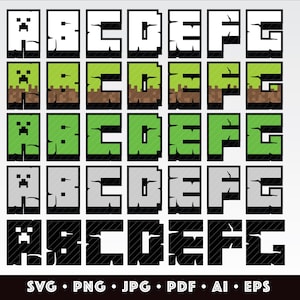 May include: A collection of the letters A to G, each presented in a unique style. Some letters are white, green, or grey, with a pixelated design. The bottom row is black. The image includes the file types: SVG, PNG, JPG, PDF, AI, and EPS.