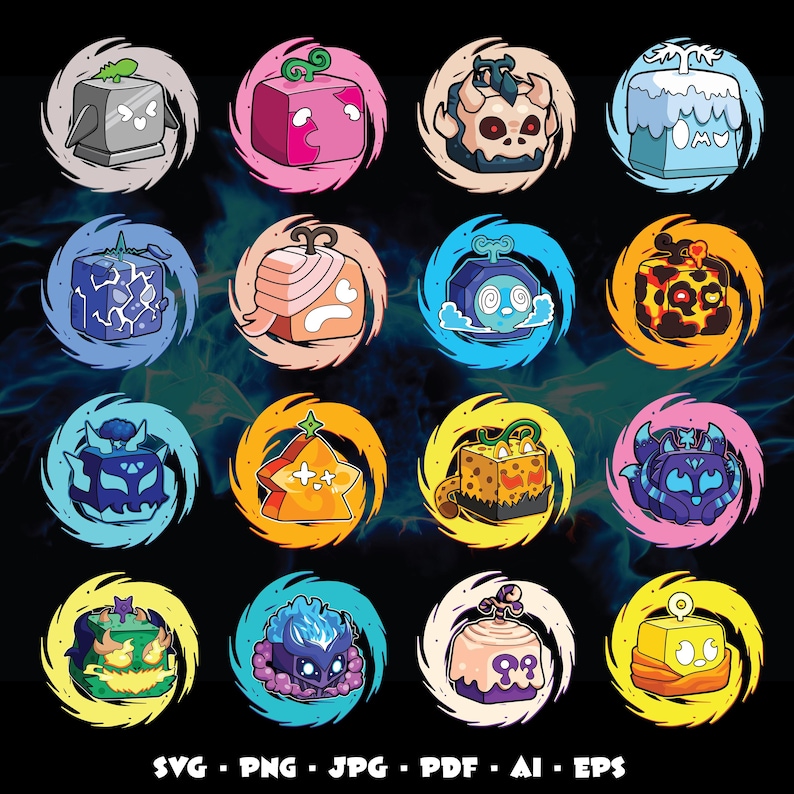 May include: A collection of sixteen cartoon cube illustrations, each with a unique design and color scheme, set against a swirling background. The cubes feature various themes, including skulls, ice, and stars. The bottom of the image displays file format options: SVG, PNG, JPG, PDF, AI, and EPS.