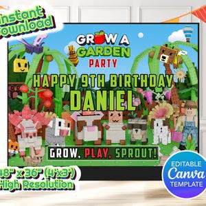 Könnte beinhalten: Eine farbenfrohe Geburtstags-Party-Kulisse mit Gartenthema. Das Design zeigt pixelige Charaktere, den Text "Grow a Garden Party" und "Happy 9th Birthday Daniel". Die Kulisse misst 122 cm x 91 cm.