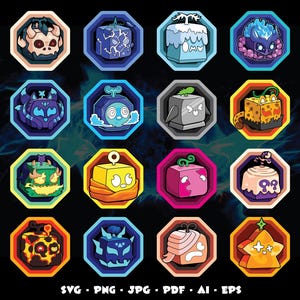 May include: A collection of sixteen colorful, cartoon-style illustrations of cube-shaped characters, each with unique features and set within octagonal frames. The characters display various expressions and designs, with a variety of colors and textures.