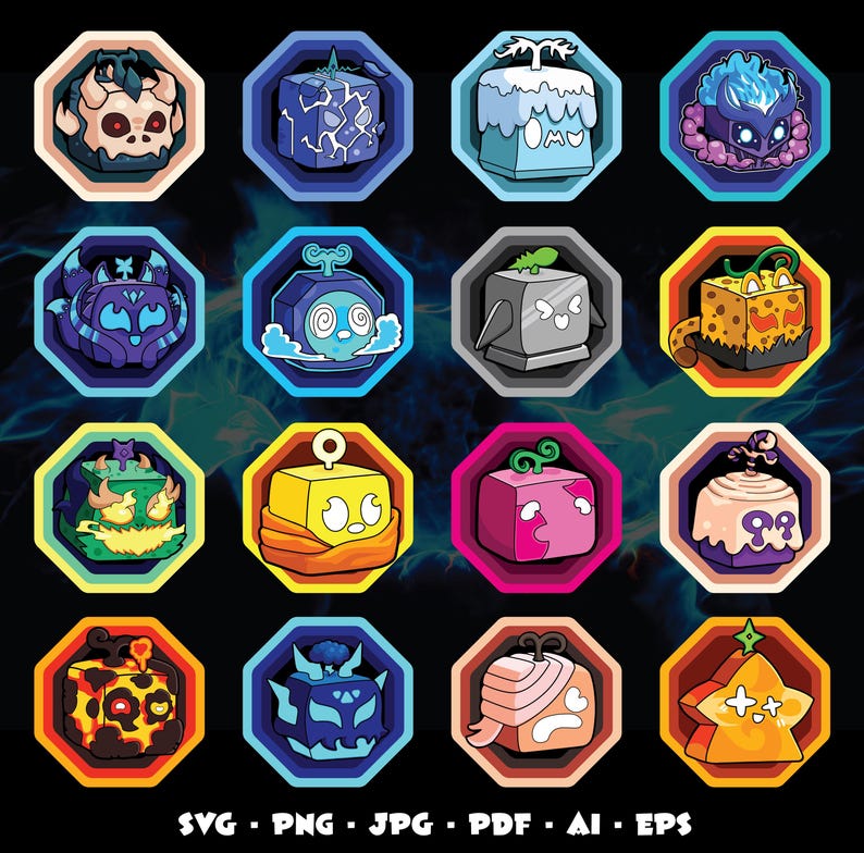 May include: A collection of sixteen colorful, cartoon-style illustrations of cube-shaped characters, each with unique features and set within octagonal frames. The characters display various expressions and designs, with a variety of colors and textures.