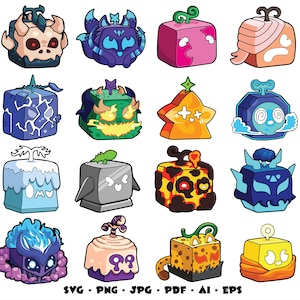 May include: A collection of sixteen colorful, cartoonish, cube-shaped characters with various designs. Each character has unique features, including horns, eyes, and patterns. The image includes the file type formats: SVG, PNG, JPG, PDF, AI, and EPS.