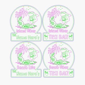 May include: Four circular designs with a tropical theme. Each features a cartoon shark wearing sunglasses, palm trees, and text that reads "Island Vibes," "Beach Life," "Beach Vibes," and "Tiki Bar." The text "The Name Here's" is also included.