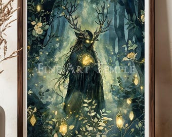 Forest Spirit — digital watercolor print, horned forest goddess wall art, mystical woodland spirit painting