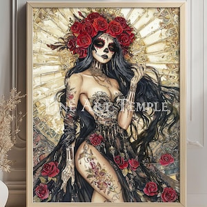 Wunderschöne Santa Muerte — Fine Art Druck, Verführerischer Tag der Toten Göttin Kunst, heidnischer dunkler Blumenschädel, gotische digitale Aquarellkunst