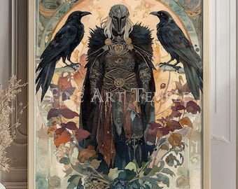 Wächter Odin — Wikinger-Gott mit Raben, Kunstdruck auf Papier, Illustration aus der nordischen Mythologie