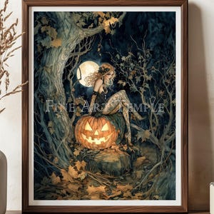 Pumpkin Witchling – digital watercolor print, Halloween forest witch art, Samhain pumpkin decor