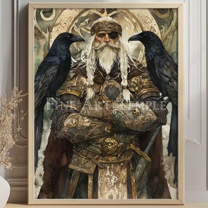 Mystic Allfather — paper fine art print, Odin Norse God Digital Watercolor Print, Viking Raven Wall Art, Nordic Mythology Decor