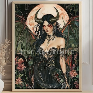 Bloodmoon Lilith — paper fine art print, Dark goddess wall art, digital watercolor print, gothic fantasy decor, occult witchy poster