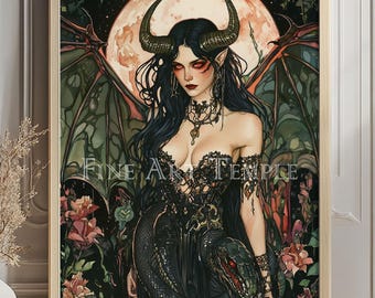 Bloodmoon Lilith — paper fine art print, Dark goddess digital watercolor art