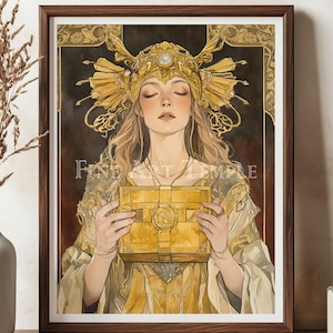 May include: A framed art print featuring a woman in a golden headdress and gown, holding a golden box. The artwork has a vintage, ethereal style with the text "FINE ART TEMPLE" visible. The color palette includes gold, cream, and brown tones.