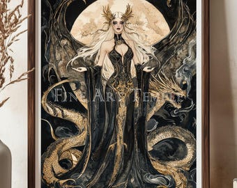 Celestial Tiamat — Babylonian dragon goddess, digital watercolor, dark fantasy art