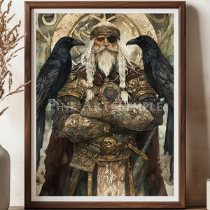 Mystic Allfather — Odin Norse God Digital Watercolor Print, Viking Raven Wall Art, Nordic Mythology Decor