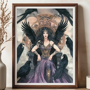 May include: Framed art print featuring a woman with black wings and a crown, seated on a throne. The artwork depicts the woman surrounded by black ravens, with a detailed background and a purple dress. The frame is brown.