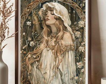 北欧神話 ベグヴィシル 額縁 アート 北欧神話の癒しの女神エイル、デジタルアートプリント、壁飾り