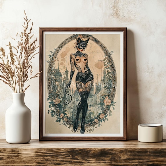 Mistress of Prowl – digital watercolor print, Gothic witchy cat woman wall art