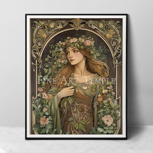 Puede incluir: Una l&aacute;mina art&iacute;stica enmarcada que muestra a una persona de pelo largo casta&ntilde;o con una corona de flores y un vestido verde, rodeada de enredaderas y flores rosas. El texto Fine Art Temple aparece centrado en un marco decorativo arqueado.