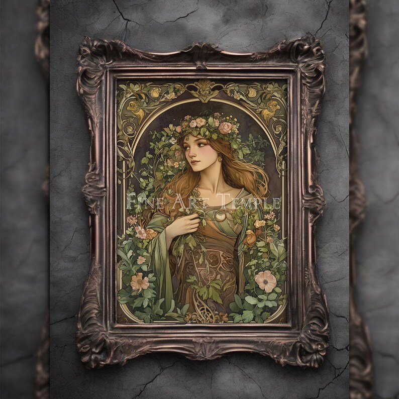 Puede incluir: Una pieza de arte mural rectangular en un marco de bronce oscuro ornamentado que presenta la ilustraci&oacute;n de una persona con cabello largo adornado con una corona floral, rodeada de enredaderas verdes y flores rosas, con el texto Fine Art Temple.