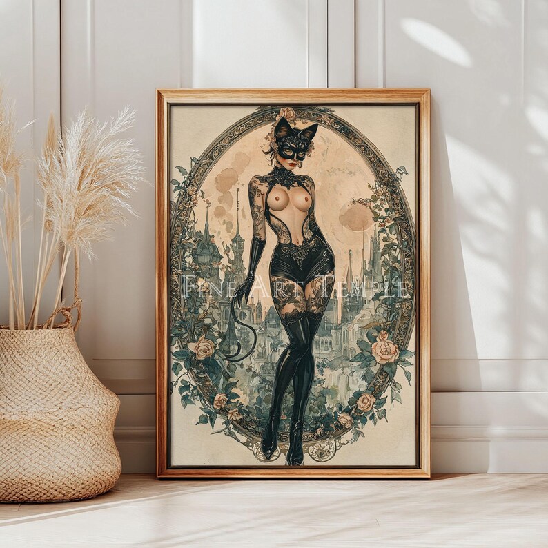 May include: Framed art print featuring a vintage-style illustration of a woman in a cat-themed costume. The artwork showcases a black catsuit, mask, and gloves, with a cityscape backdrop. The text "FINE ART TEMPLE" is visible. The color palette includes beige, black, and green.