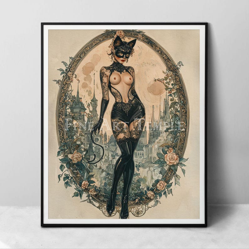 May include: A framed print featuring a woman in a cat mask and black lingerie, set against a vintage-style background with a castle and floral border. The print has the text "FINE ART TEMPLE".