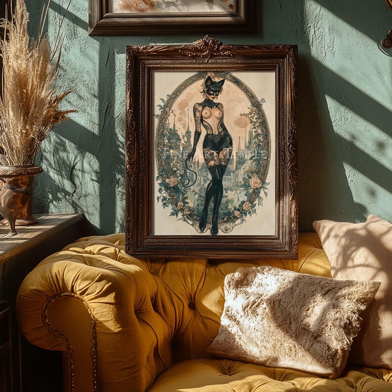 May include: A framed artwork featuring a woman in a cat-themed costume, set against a cityscape and floral border. The artwork is in a dark wooden frame, displayed on a yellow sofa. The room has a vintage aesthetic.