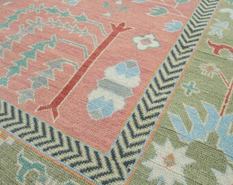 Blush Pink Floral Area Rug, Hand Knotted Wool Rug, Soft Pastel Living Room Rug, Botanical Pattern Carpet, Artisan Bedroom Rug.