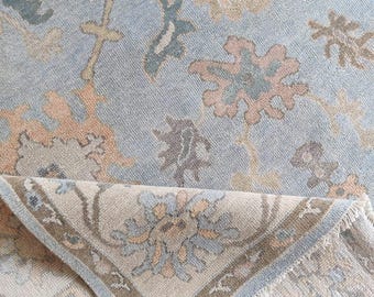 Hand Knotted Wool Area Rug, Light Blue Floral Rug, Handmade Living Room Carpet, Neutral Botanical Rug, Custom Size Floor Covering,Home Decor