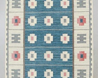 Scandinavian Kilim Rug, Handwoven Blue Area Rug, Nordic Geometric Rug, Modern Boho Carpet, Farmhouse Living Room Rug, Artisan Flatweave Rug