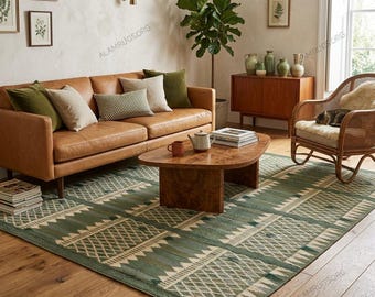 Handwoven Green Geometric Area Rug | Modern Flatweave Wool Carpet | Living Room Decor   | Handwoven Rug | Green Area Rug