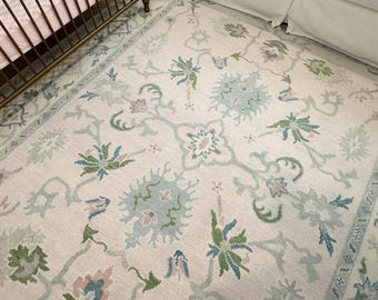 Pastel Floral Hand Knotted Rug, Soft Pink Wool Area Rug, Handmade Traditional Carpet, Elegant Living Room Rug, Artisan Rug, Custom Size Rug