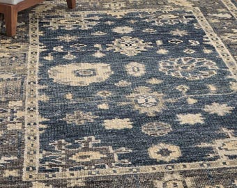 Navy Blue Hand Knotted Area Rug, Geometric Wool Rug, Handmade Neutral Carpet, Modern Living Room Rug, Artisan Home Decor