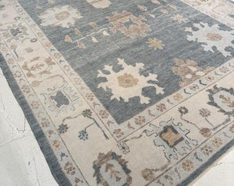 Muted Blue Oushak Rug, Hand Knotted Wool Area Rug, Neutral Beige Living Room Carpet, Traditional Floral Rug, Soft Turkish Decor Rug
