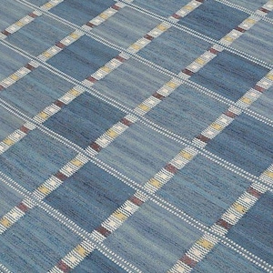 May include: A woven area rug featuring a grid pattern of large blue squares separated by intersecting bands. The bands consist of white, yellow, and dark brown horizontal stripes that create a textured, repeating geometric design across the surface.