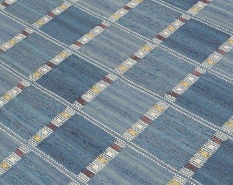 Blue Patchwork Kilim Rug, Handwoven Area Rug, Geometric Grid Pattern Rug, Modern Farmhouse Decor, Boho Living Room Rug, Artisan Wool Carpet