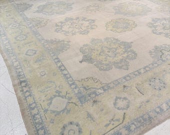 Hand Knotted Oushak Rug, Beige Blue Wool Area Rug, Neutral Floral Carpet, Handmade Living Room Rug