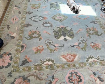 Hand Knotted Oushak Rug, Blue Floral Area Rug, Pastel Wool Rug, Handmade Living Room Carpet, Soft Cottagecore Home Decor Rug
