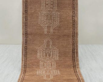 Hand Knotted Turkish Runner Rug, Neutral Beige Brown Hallway Rug, Tribal Wool Carpet, Boho Entryway Decor