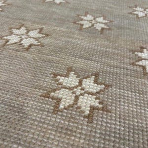 May include: Close-up of a beige rug with a repeating floral pattern. The flowers are a combination of off-white and brown, creating a subtle contrast against the neutral background. The rug has a textured surface.