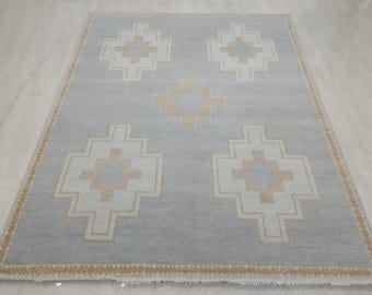 Hand Knotted Wool Rug, Soft Blue Geometric Area Rug, Neutral Tribal Pattern Carpet, Handmade Boho Living Room Rug, Modern Bedroom Accent Rug