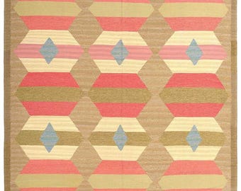 Handwoven Geometric Kilim Rug, Pink Beige Area Rug, Flatweave Wool Rug, Scandinavian Rug, Boho Living Room Rug, Modern Tribal Carpet