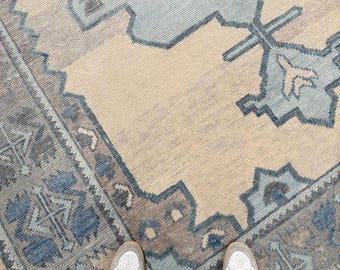 Neutral Blue Oushak Rug, Handwoven Wool Area Rug, Distressed Geometric Rug, Beige Gray Tribal Carpet, Farmhouse Living Room Rug